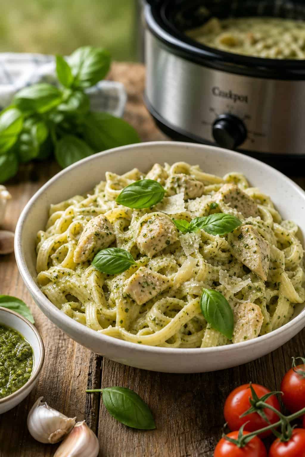 A bowl of creamy pesto chicken pasta garnished with fresh basil on a wooden table with fresh ingredients around it.