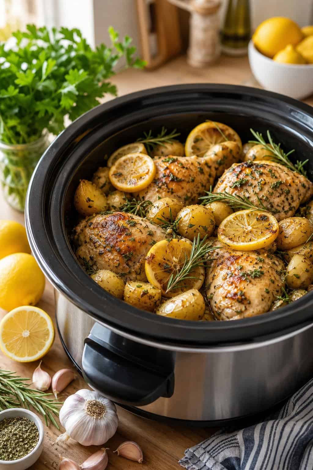 A slow cooker filled with lemon chicken and roasted potatoes garnished with herbs on a wooden kitchen countertop.