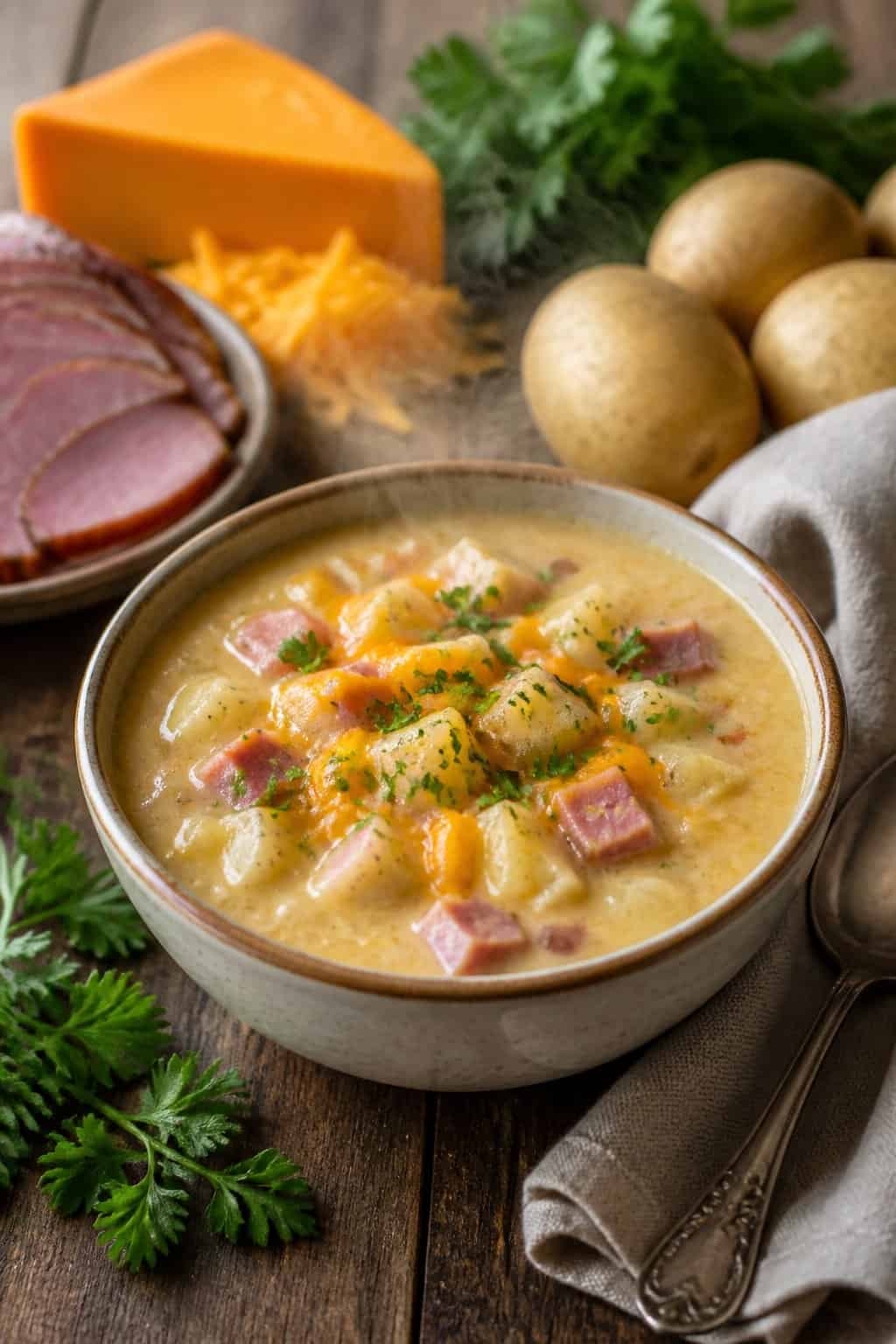 A bowl of creamy ham, potato, and cheddar chowder garnished with parsley on a wooden table with fresh ingredients around it.