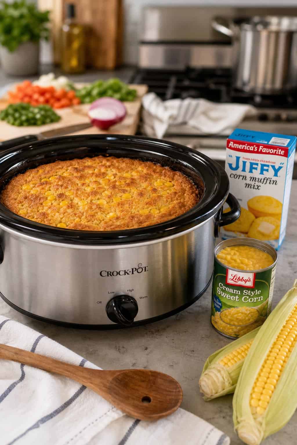 A slow cooker on a kitchen counter with a finished golden corn casserole inside, surrounded by an open can of creamed corn, a box of Jiffy mix, and a wooden spoon.