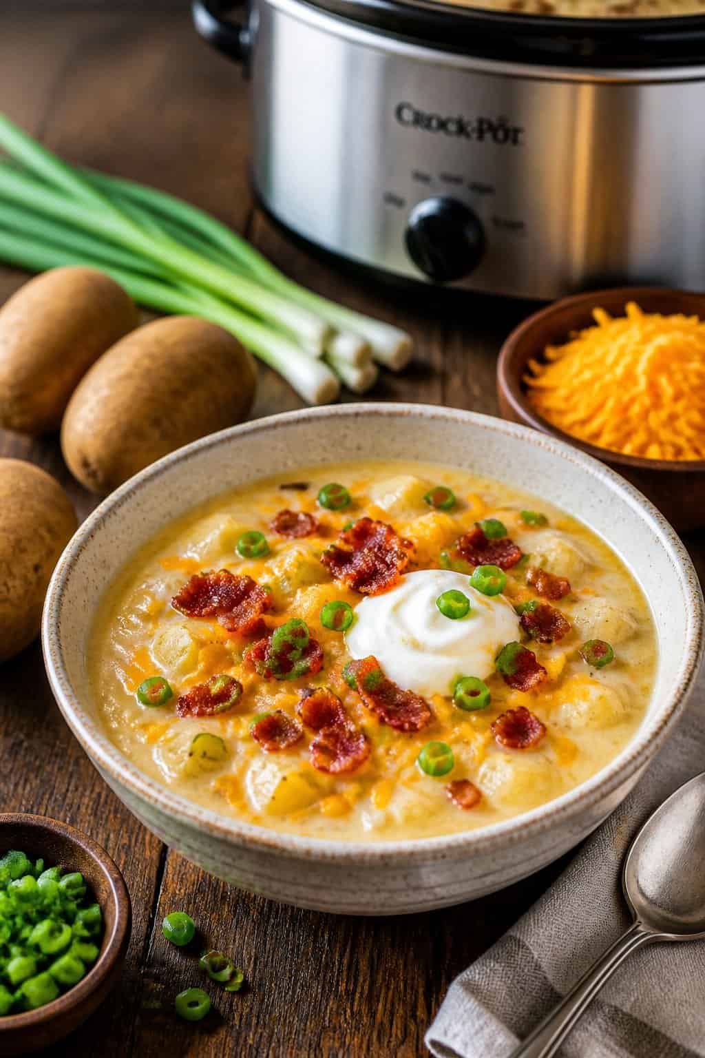 A bowl of creamy loaded baked potato soup topped with cheese, bacon, green onions, and sour cream on a wooden table with fresh ingredients and a slow cooker in the background.