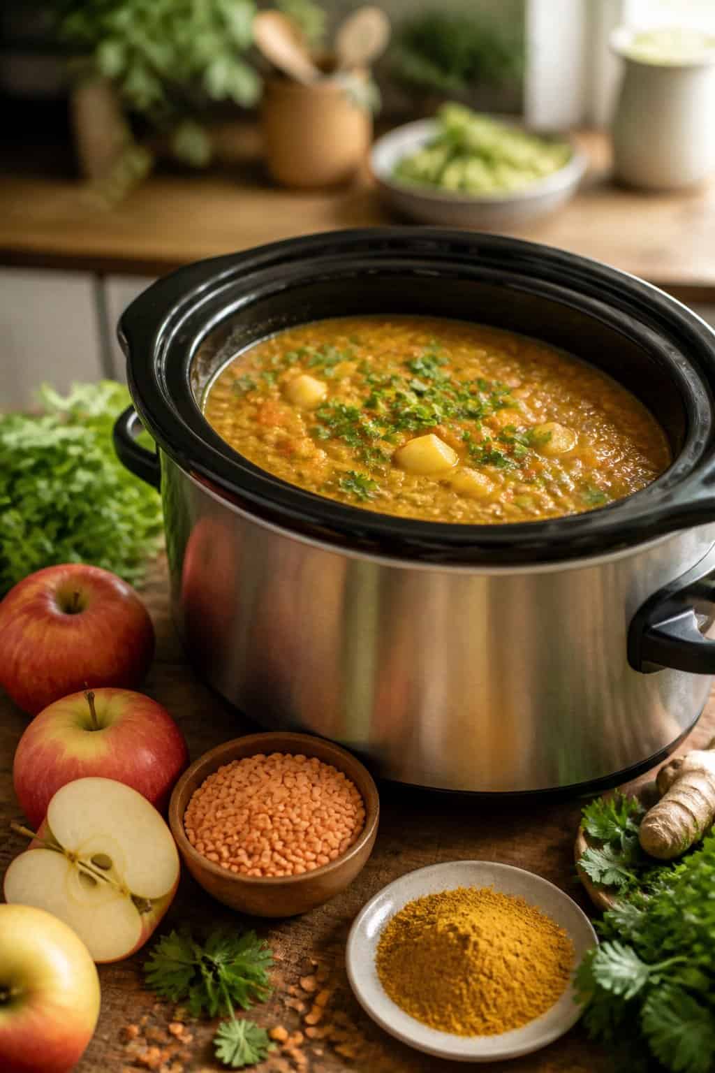 Slow cooker filled with curried lentil and apple soup on a kitchen countertop surrounded by fresh ingredients.
