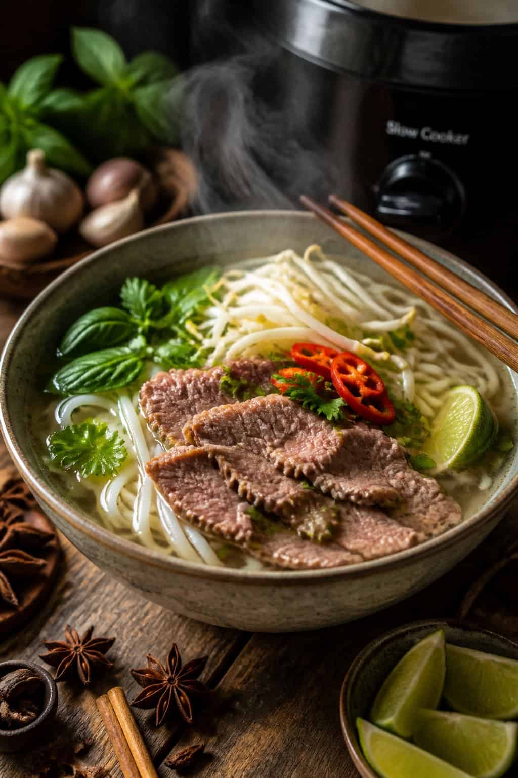 A bowl of steaming pho-style beef noodle soup with fresh herbs and lime on a wooden table.