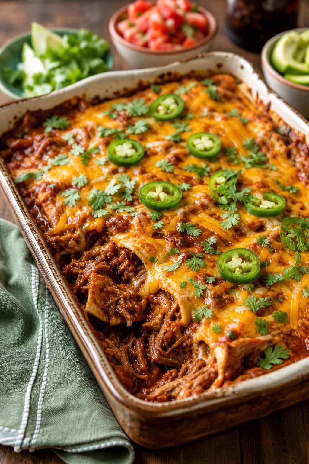 Enchilada Casserole Recipes That Feed a Crowd 9 A slow-cooked shredded beef enchilada casserole in a deep ceramic baking dish, with tender pulled beef visible through melted cheese, garnished with fresh cilantro and green jalapeño slices.