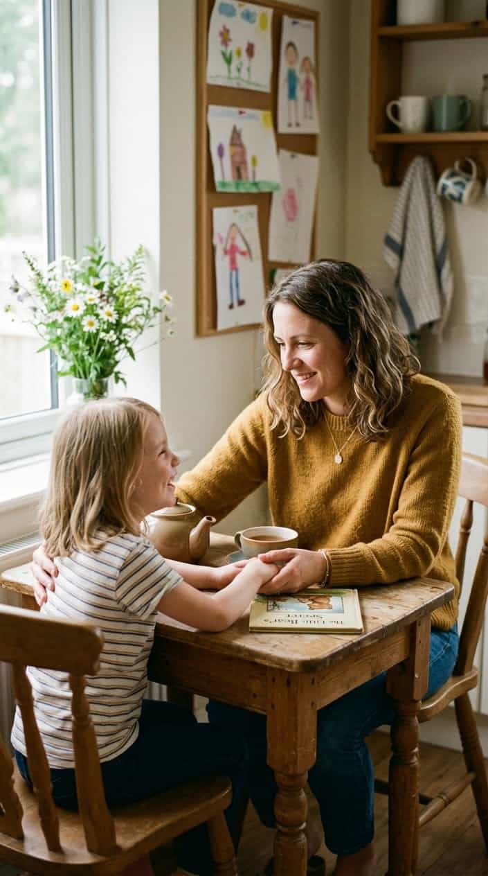 A mother and daughter sitting close at a small round table indoors, two mugs between them, both leaning in slightly toward each other.