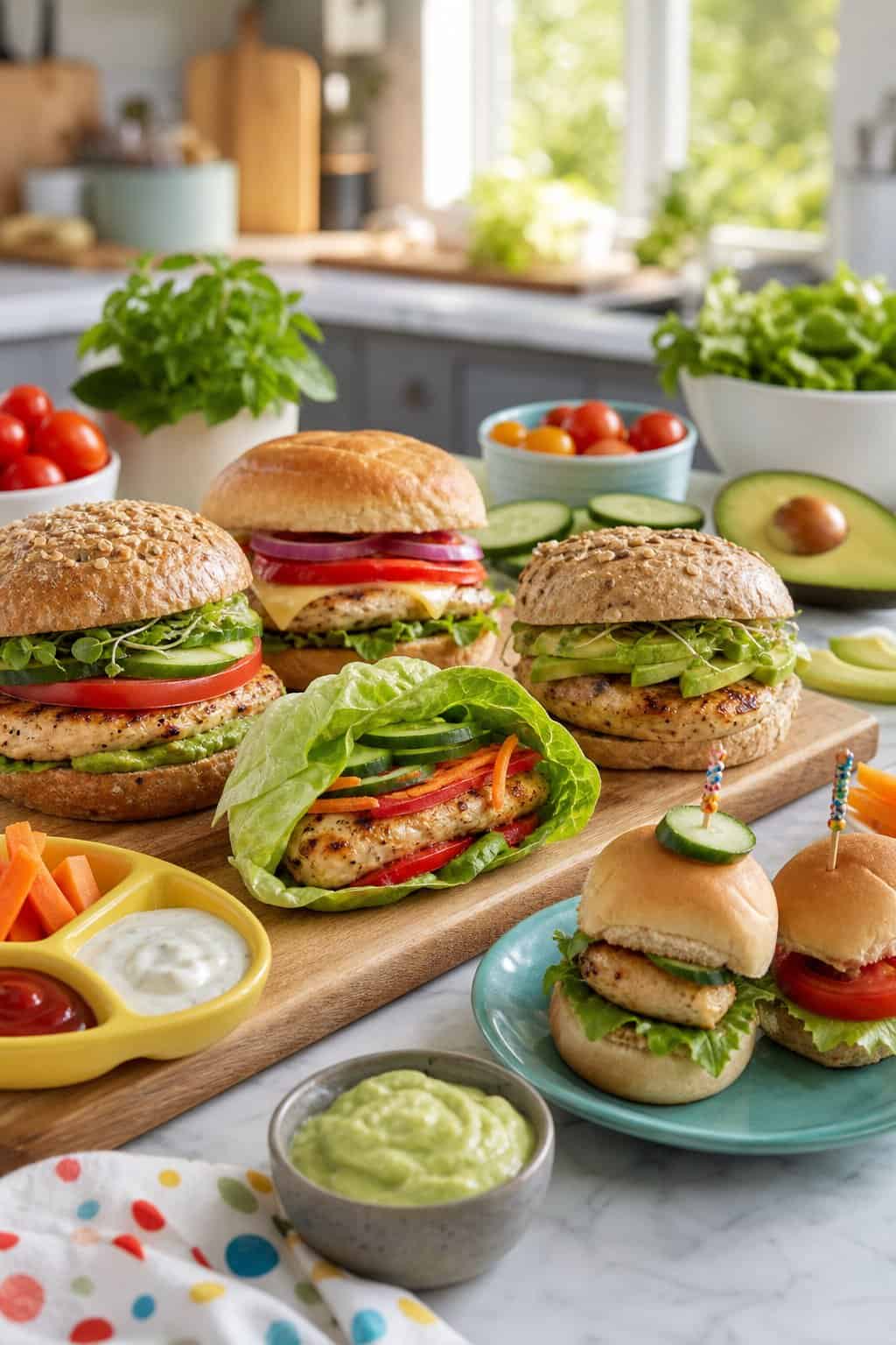 A bright kitchen scene with colorful chicken sandwiches, fresh vegetables, and ingredient bowls arranged on plates and a wooden cutting board