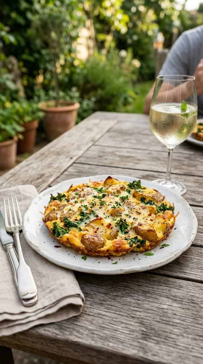 17 Summer Dinner Ideas When You're Tired of Grilling and Also Tired of Thinking 9 A golden-edged frittata in a black cast iron skillet, with visible smashed potato chunks and dark green kale throughout the egg base, with a lightly browned top and a fork resting on the side of the pan.