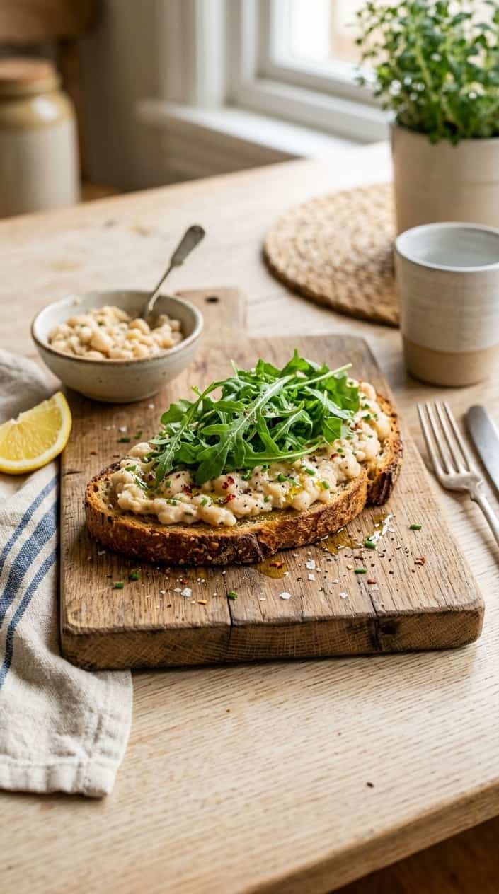 A thick slice of toasted whole-grain bread spread with chunky smashed white beans and topped with a pile of wilted arugula, plated on a wooden board with a bright lemon wedge pressed against the edge.