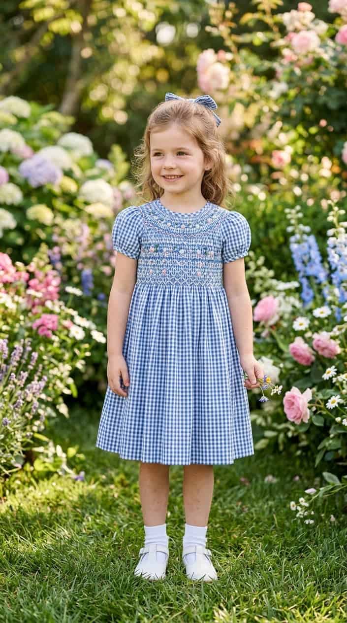 Boutique-Style Dresses for Little Girls on a Budget 5 A young girl standing outdoors in a garden, wearing a gingham dress with a smocked bodice, smiling gently.