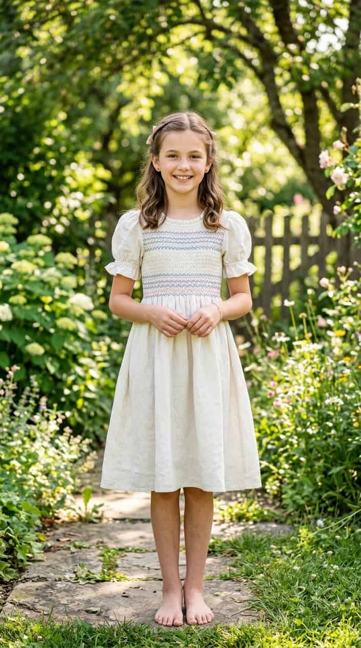 Modest Summer Dresses for Tweens 3 A young girl standing outdoors wearing a light-colored knee-length dress with smocked bodice, smiling in natural sunlight.