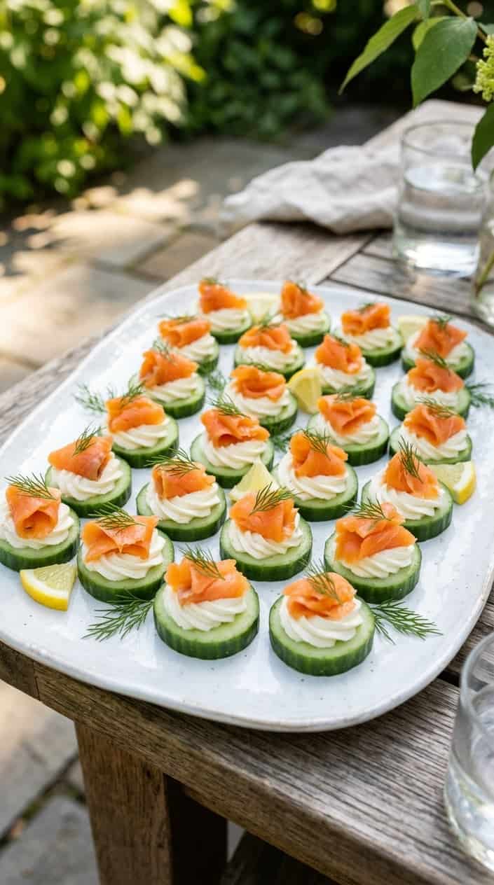 Summer Meals That Skip the Oven 11 A platter of cucumber slices topped with cream cheese and smoked salmon garnished with dill and lemon wedges.