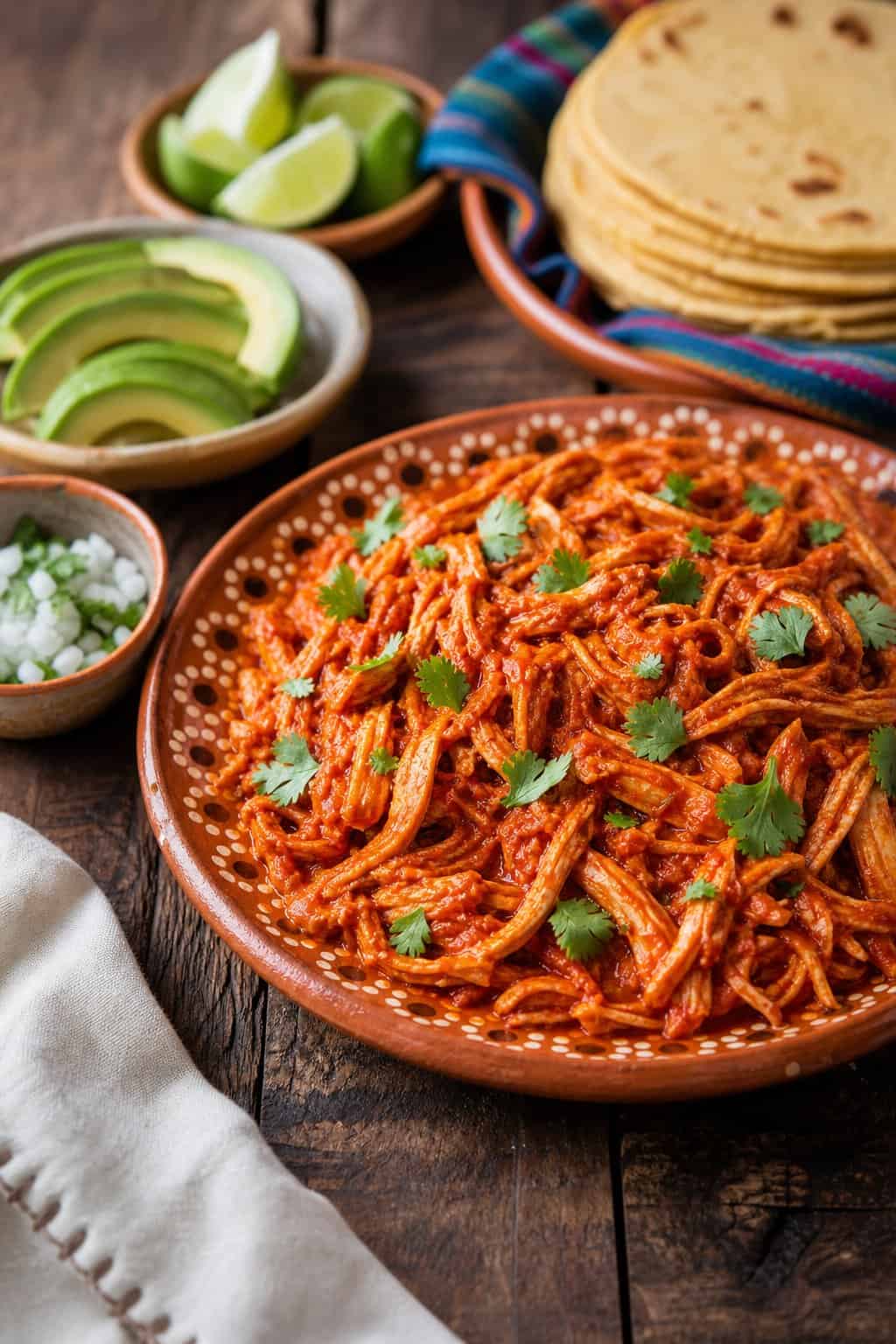 A plate of smoky shredded chicken in red sauce garnished with cilantro, served with avocado slices, lime wedges, onions, and corn tortillas on a wooden table.