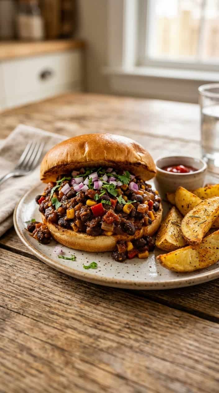 A black bean sloppy joe on a seeded bun, topped with bright fresh garnishes, with a side of golden potato wedges on a dark wood table.