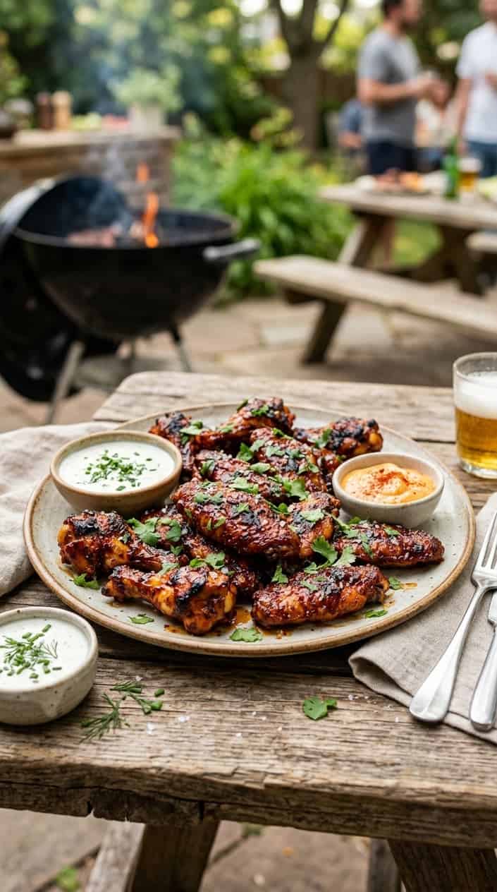 Plate of smoky chipotle chicken wings with dipping sauces on a wooden table in an outdoor setting.