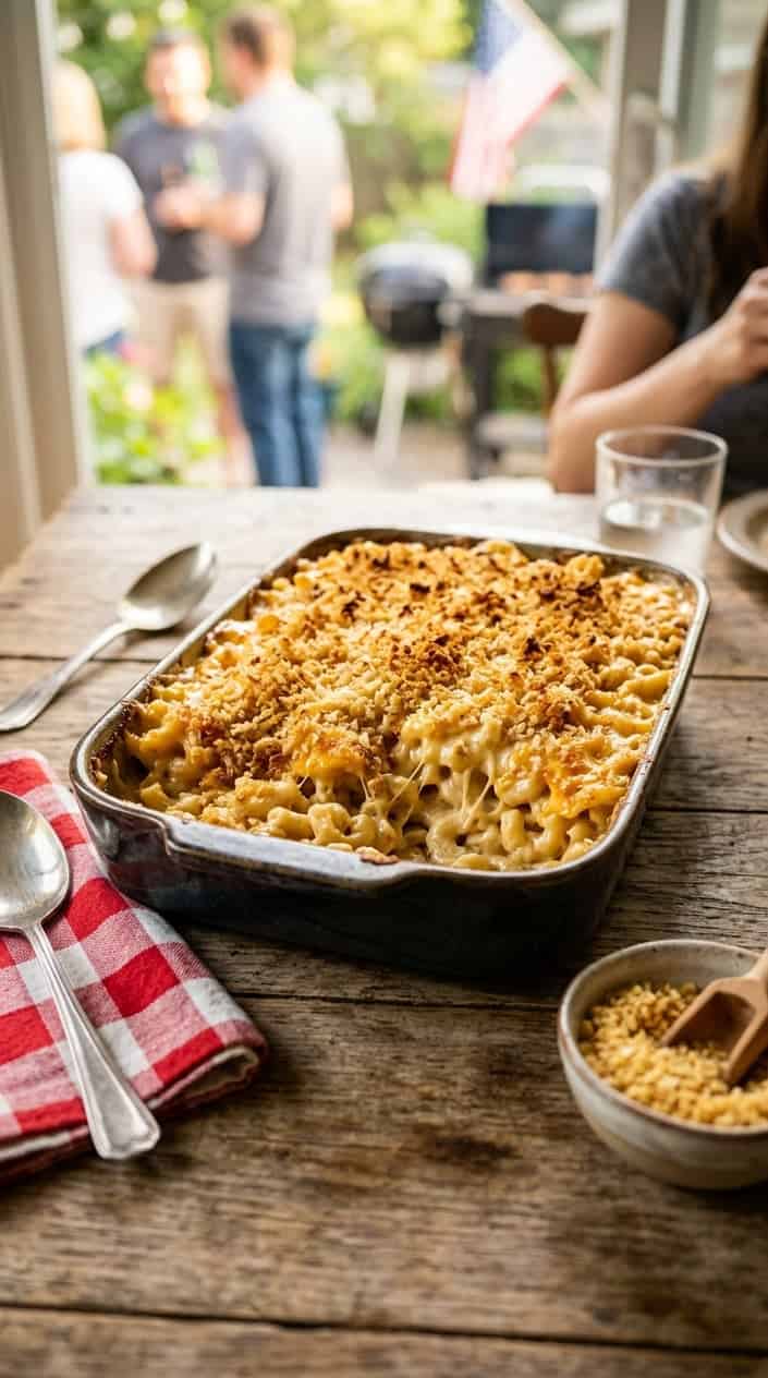 BBQ Side Dishes for a Memorial Day Cookout 7 A serving dish of smoky macaroni and cheese with a crispy golden panko topping on a wooden table.