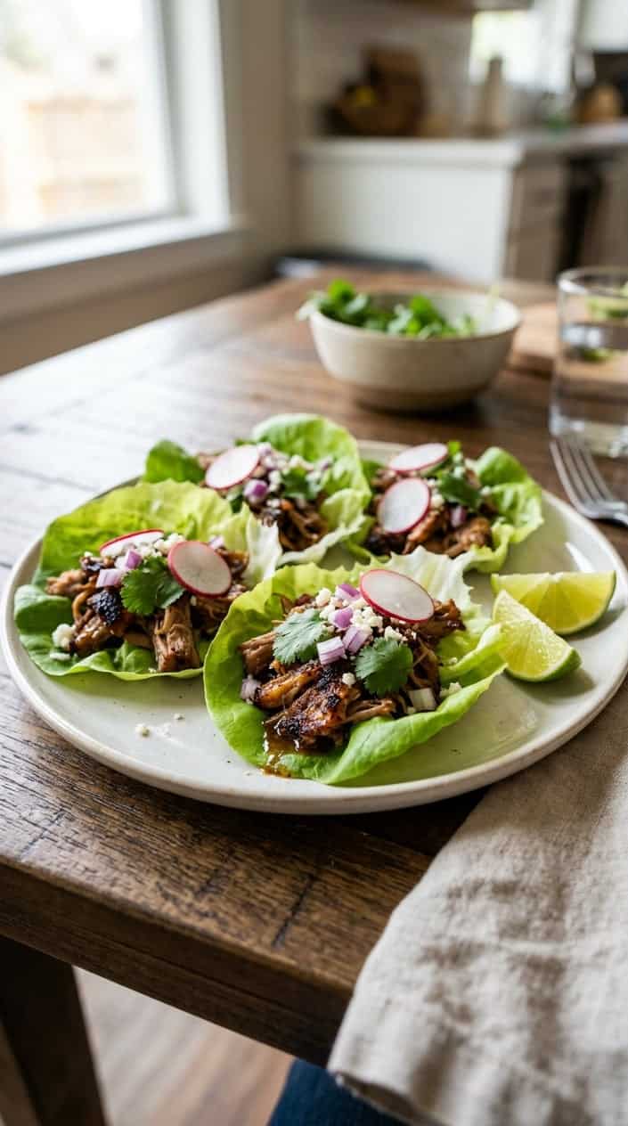 A plate of smoky pork carnitas served in fresh lettuce cups with garnishes of red onion, cilantro, radish slices, and lime wedges.