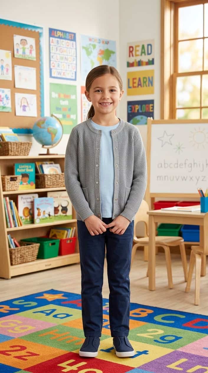 A young elementary school child wearing a snap-front cardigan standing in a classroom with books and school supplies.