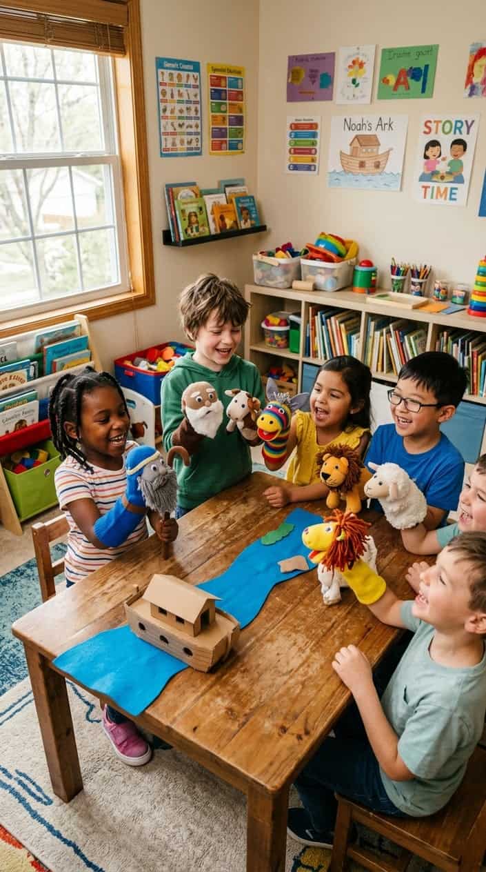 Children sitting around a table using colorful sock puppets to act out a Bible story in a bright playroom.