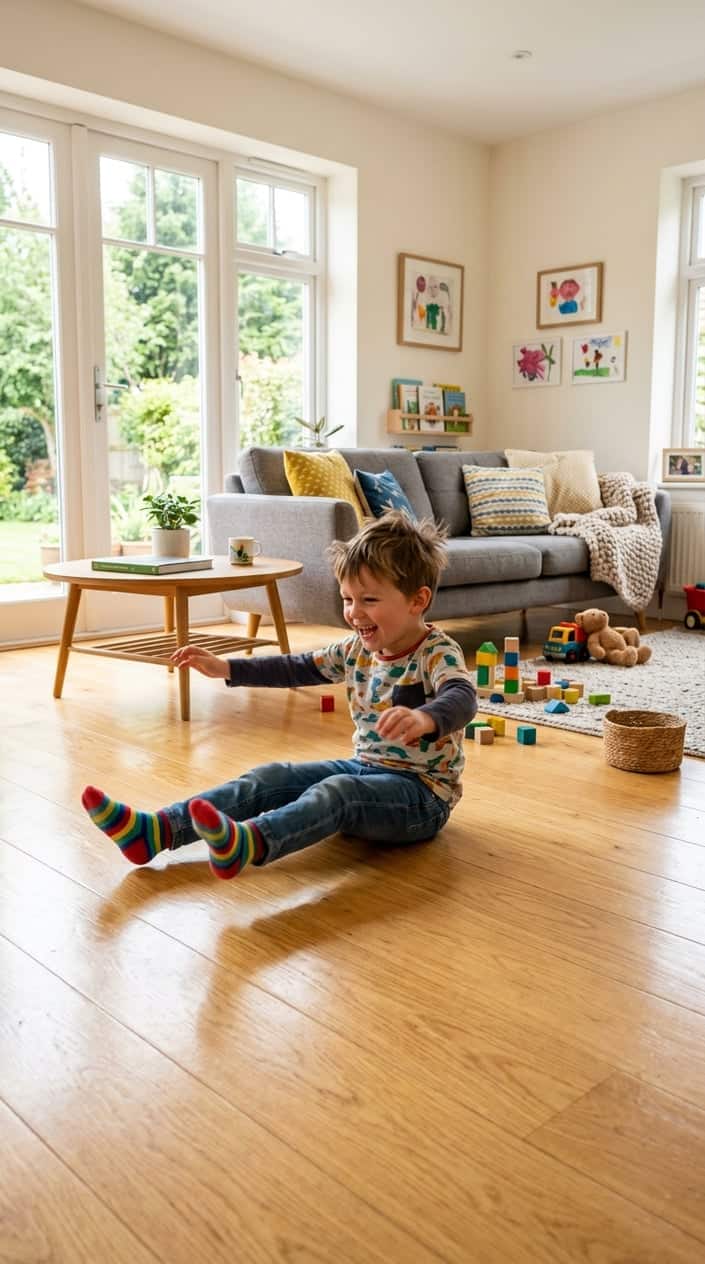 A child sliding across a hardwood floor in a living room wearing colorful socks, surrounded by furniture and toys.