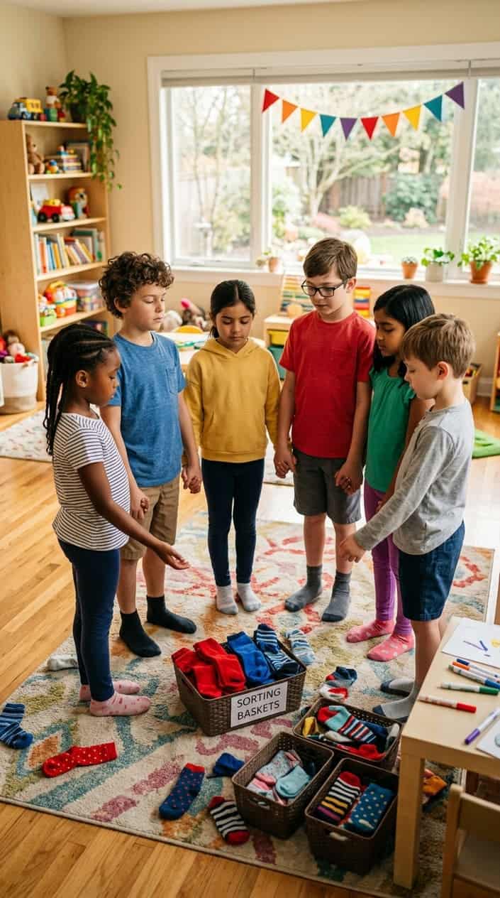 Children playing a sock-sorting relay race indoors, pausing together briefly for a quiet moment of prayer.