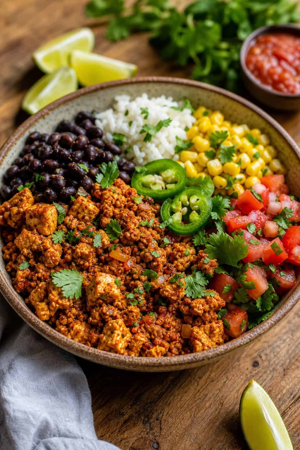A bowl of seasoned crumbled tofu with rice, beans, corn, and fresh vegetables on a wooden table.