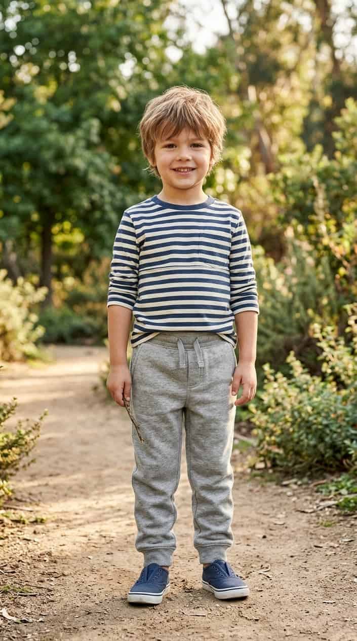 A young boy standing outdoors wearing light-colored soft cotton joggers and a casual top, smiling gently.