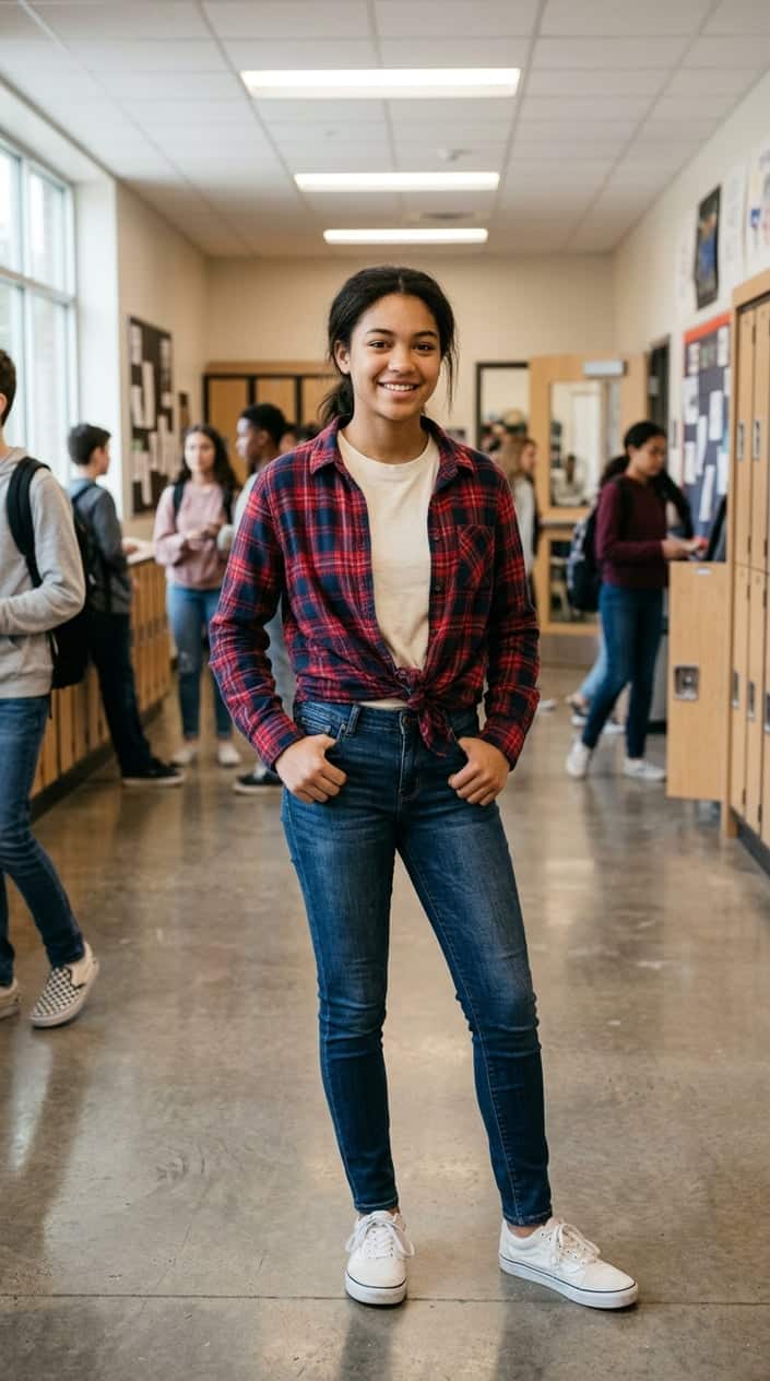 A person indoors wearing a muted olive and rust plaid flannel shirt tied at the natural waist over slim dark-wash jeans.