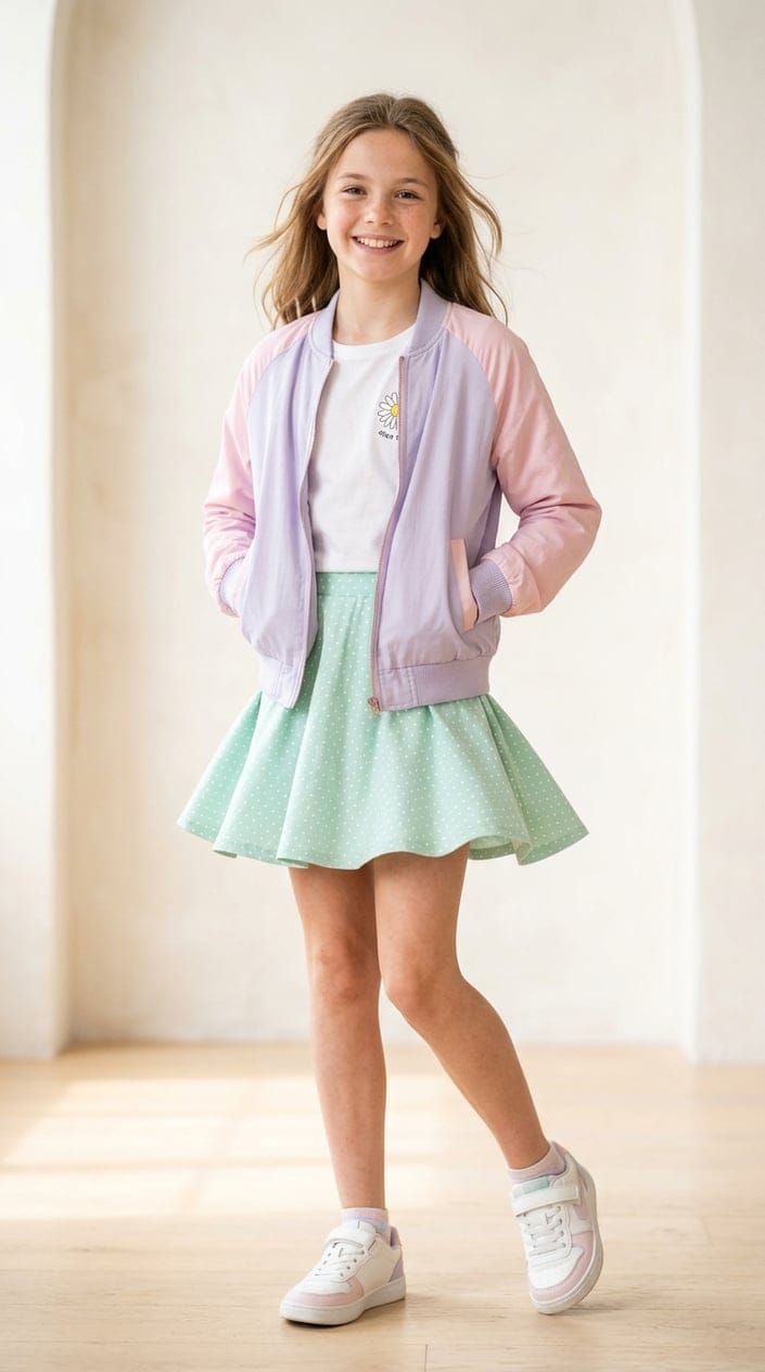A tween girl wearing a pastel bomber jacket and skater skirt standing and smiling against a plain background.