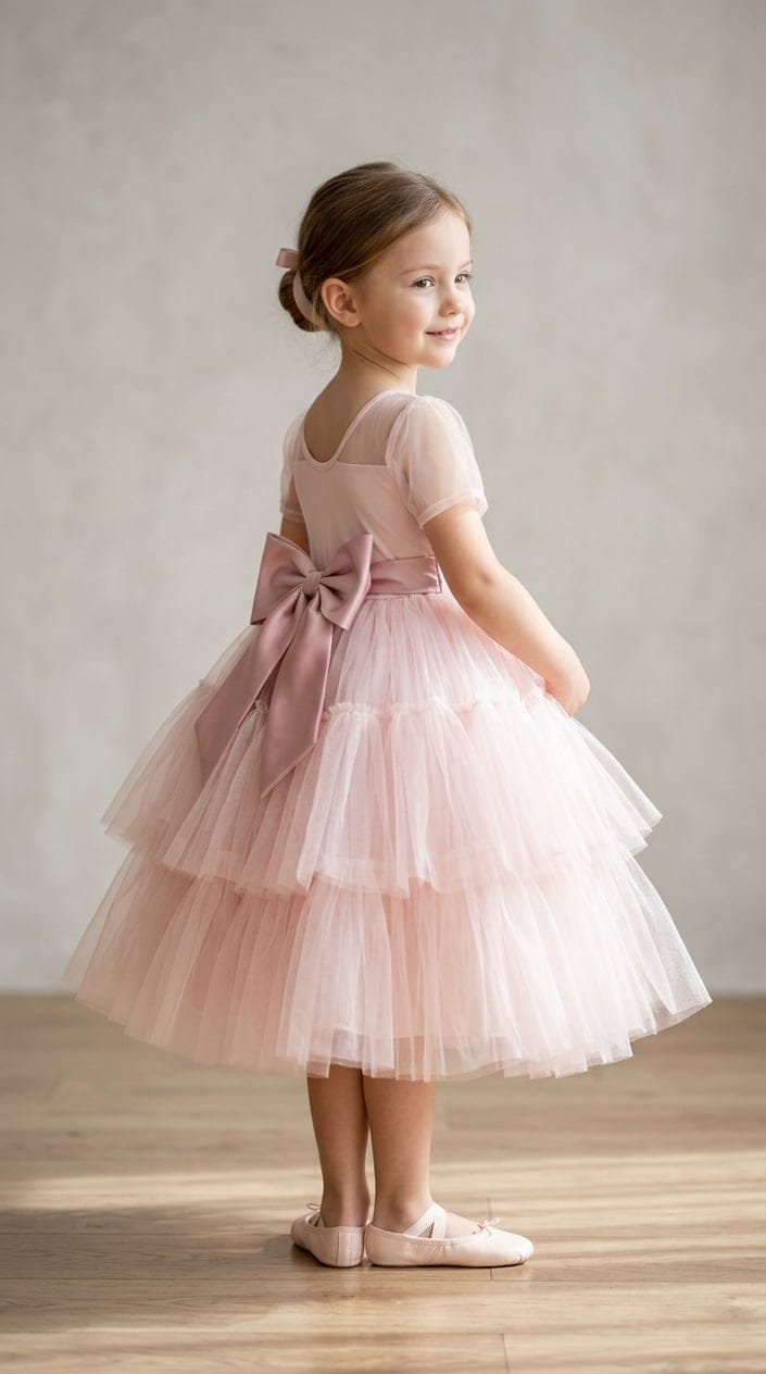 A young girl standing and wearing a light pink dress with a large bow on the back.