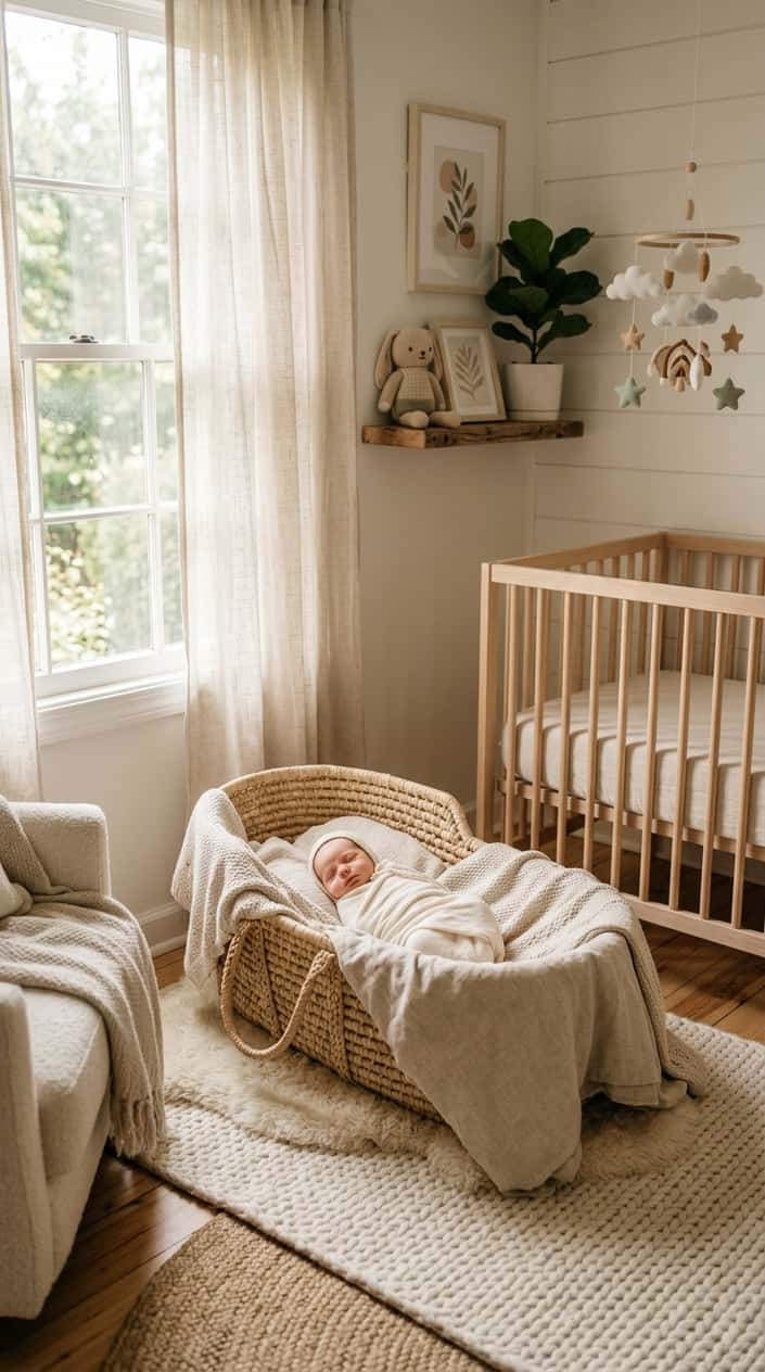 A softly lit nursery corner by a sunny window with a newborn photo setup featuring a baby blanket and gentle decor.