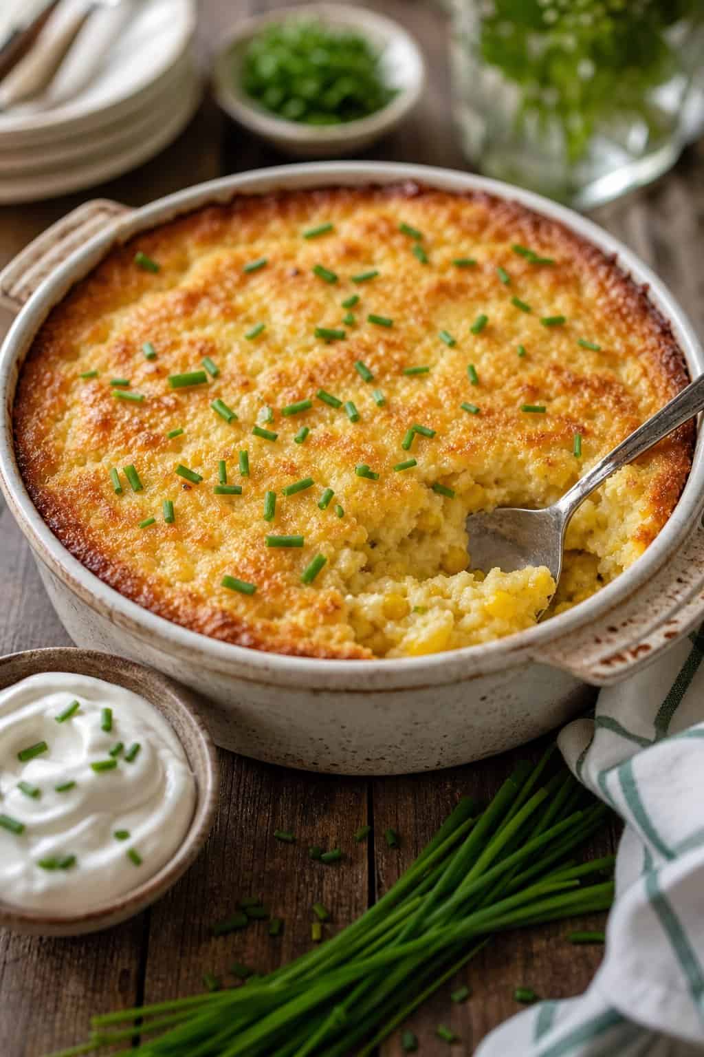 A golden-brown corn casserole sprinkled with bright green chopped chives in a white ceramic dish on a wooden table, with a large serving spoon and a small bunch of fresh chives alongside.