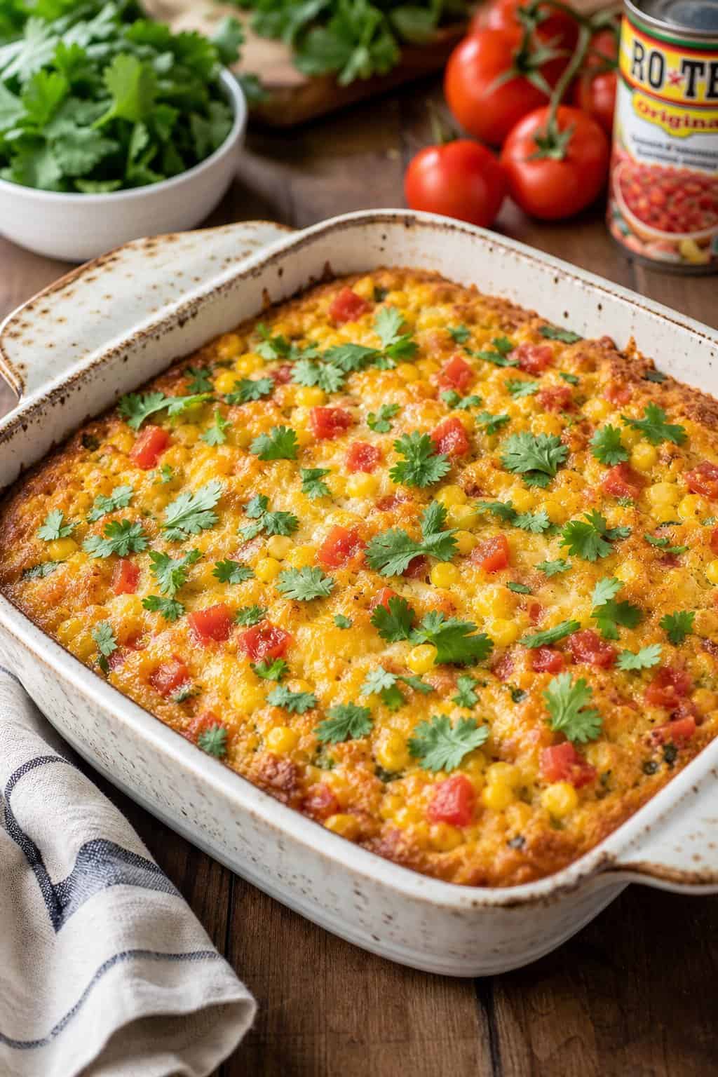 A baked corn casserole flecked with red tomato and bright green cilantro in a white ceramic dish on a wooden table, with a can of Rotel and a bunch of fresh cilantro nearby.