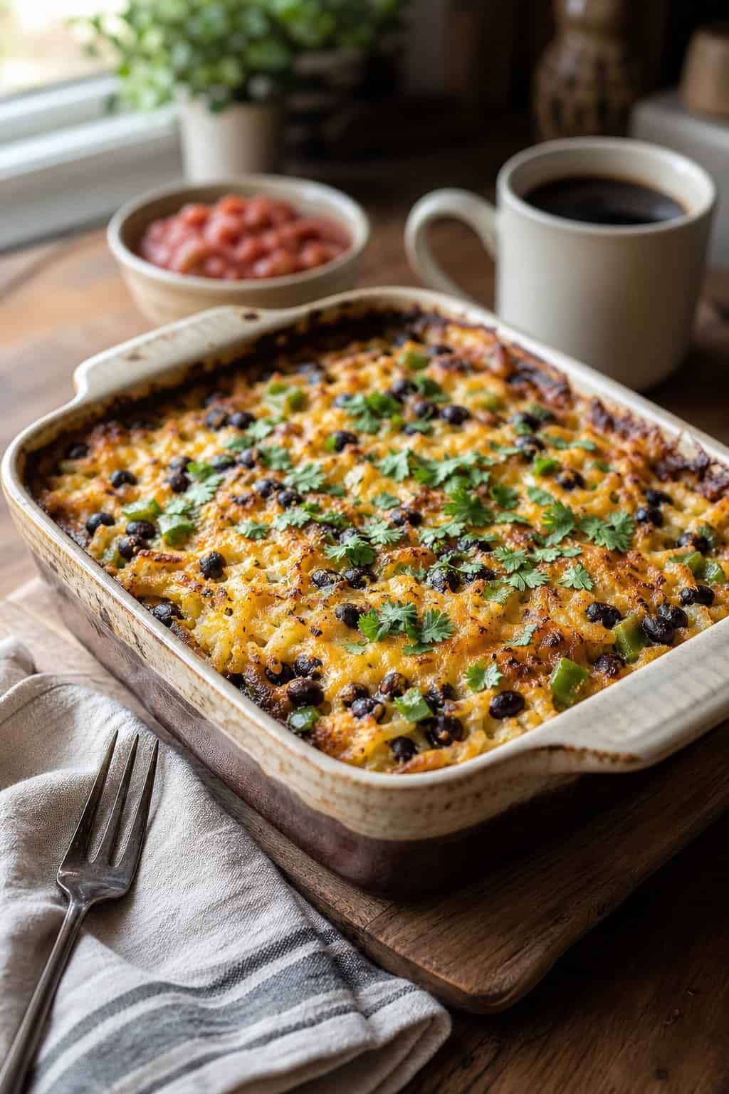 A baked Southwestern hashbrown casserole with visible black beans and a golden cheese top in a white ceramic dish, on a wood table with a fork and folded napkin beside it.