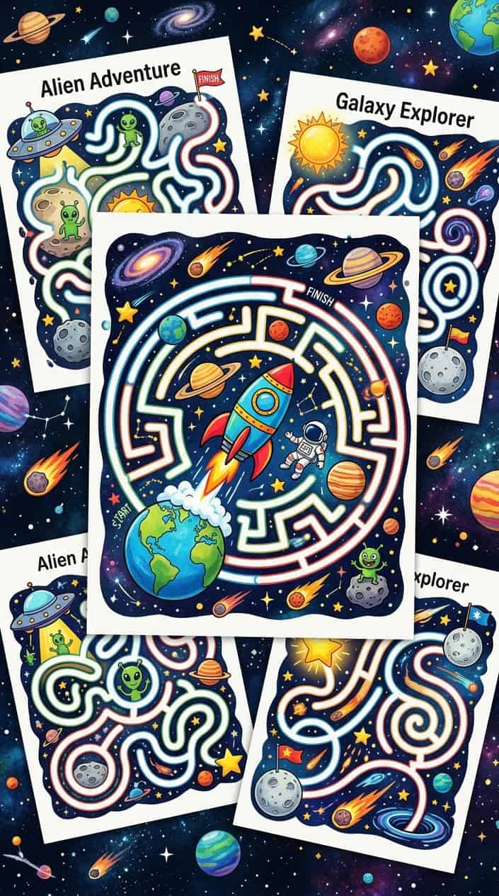 24 Free Printable Coloring Pages That Actually Hold a Kid's Attention 4 Colorful space-themed mazes with rockets and planets arranged in a fun outer space scene.