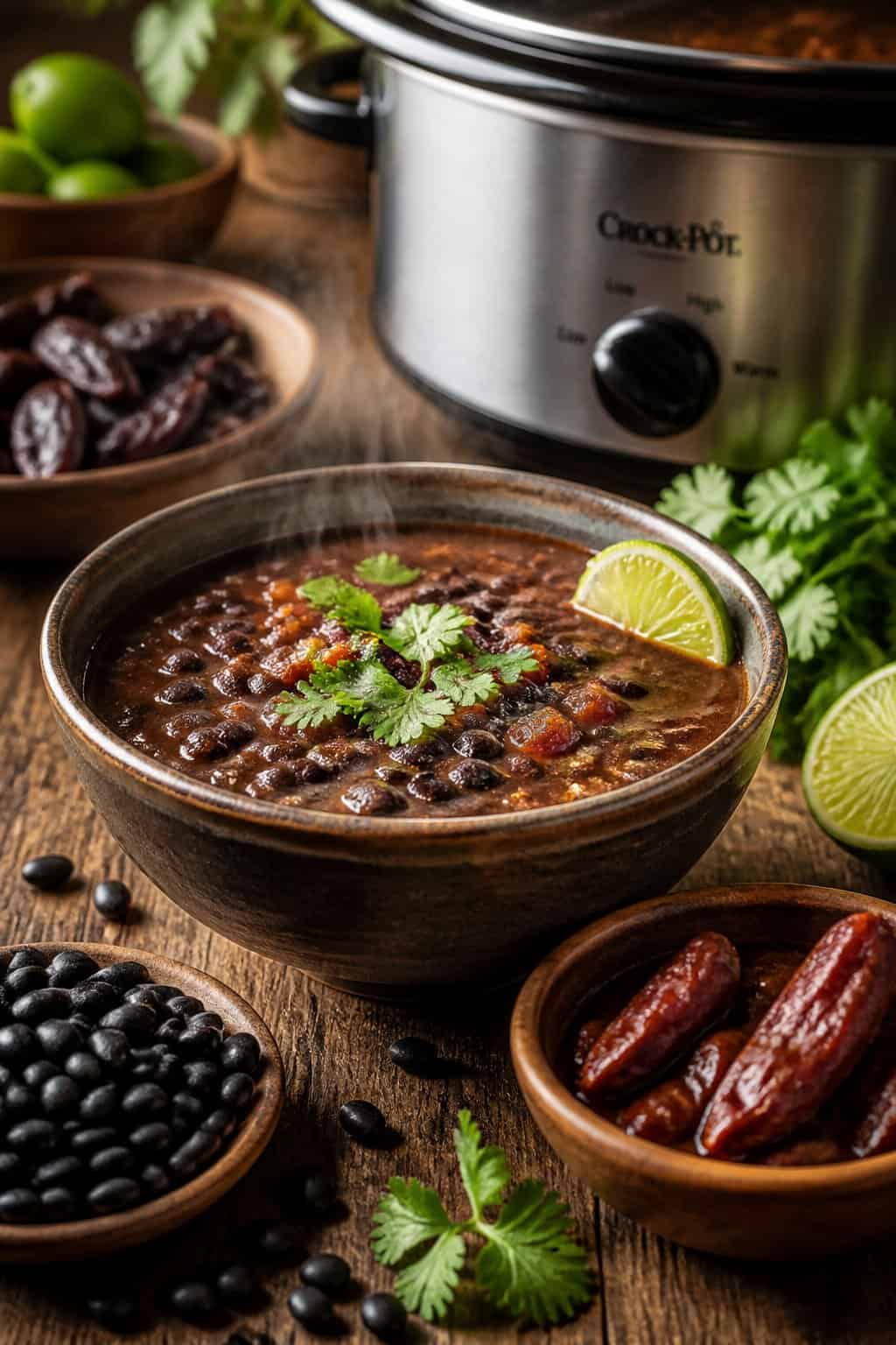 A steaming bowl of black bean and chipotle soup garnished with cilantro and lime on a wooden table with ingredients and a slow cooker in the background.