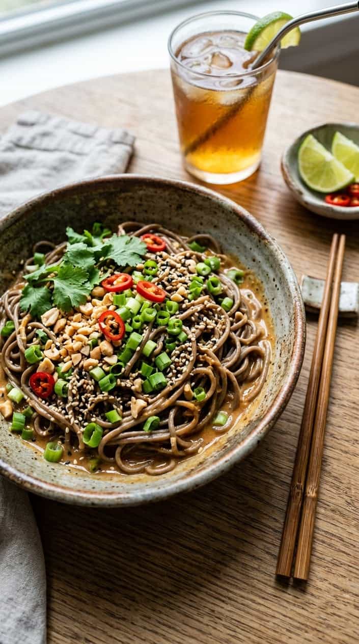 A deep bowl of chilled soba noodles coated in a dark peanut sauce, topped with thin red chili rounds, sliced green onions, sesame seeds, and a sprinkle of crushed peanuts, with chopsticks resting on the rim.