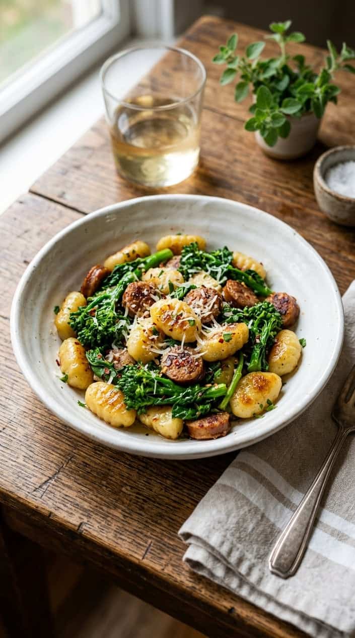 A wide shallow bowl of gnocchi and slicked dark green broccoli rabe mixed with crumbled spicy Italian sausage, glistening with olive oil and finished with red pepper flakes and Parmesan shavings.