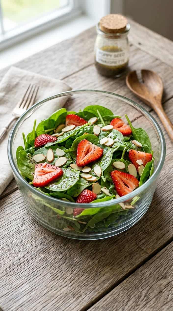Summer Meals That Skip the Oven 22 A bowl of spinach and strawberry salad with poppy seed dressing on a wooden table.