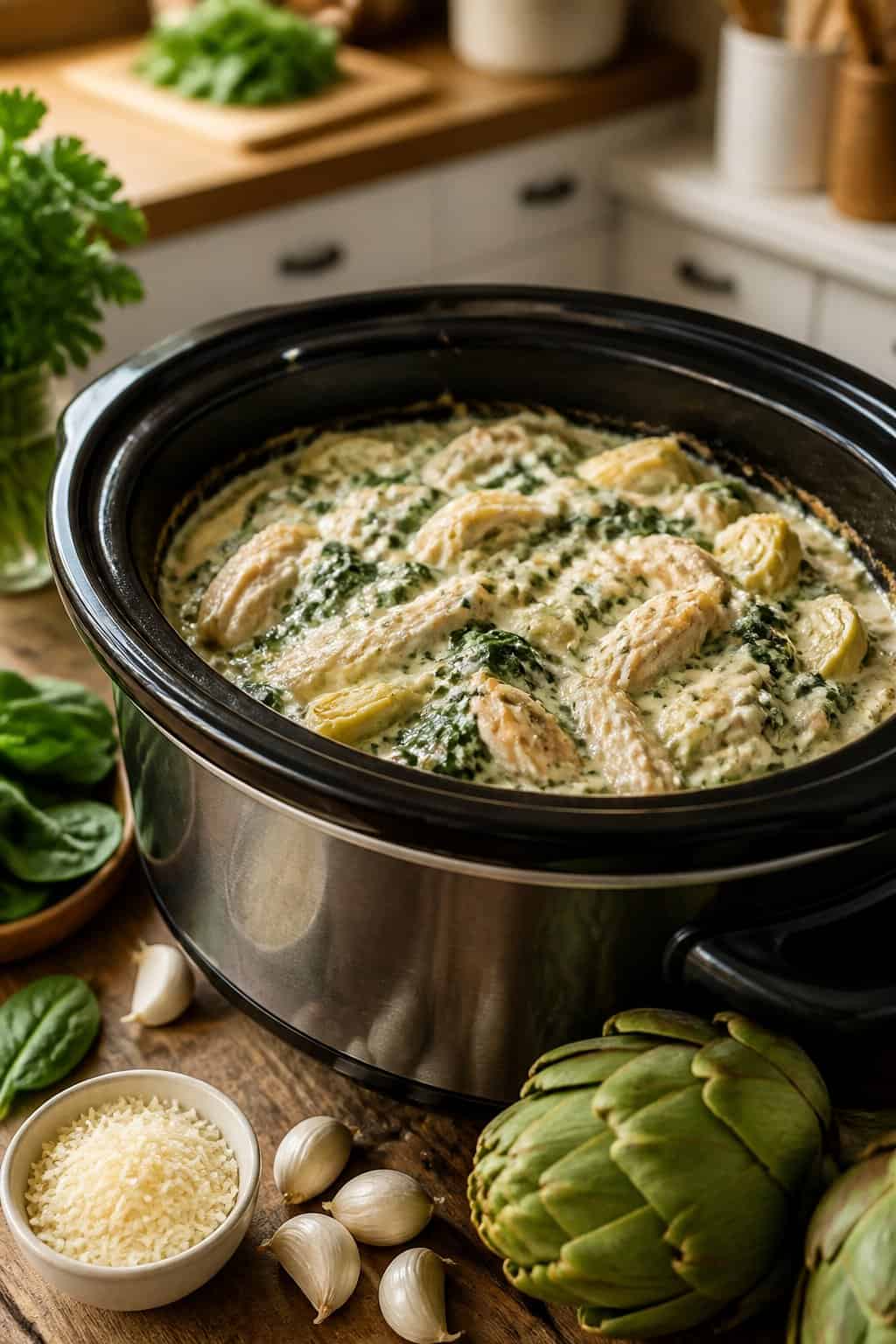 A slow cooker filled with creamy spinach artichoke chicken surrounded by fresh spinach, artichokes, and garlic on a wooden countertop.