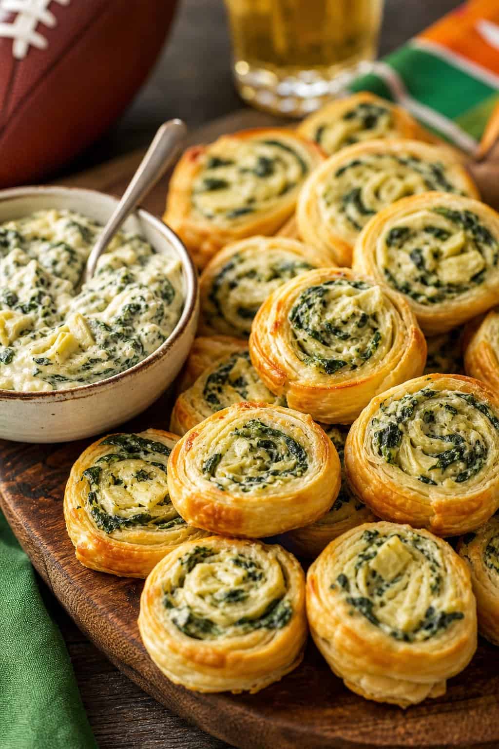 Close-up of spinach artichoke dip pinwheels on a wooden board showing golden-edged puff pastry swirls filled with creamy green and white filling, with a bowl of dip and game day items visible in the background.