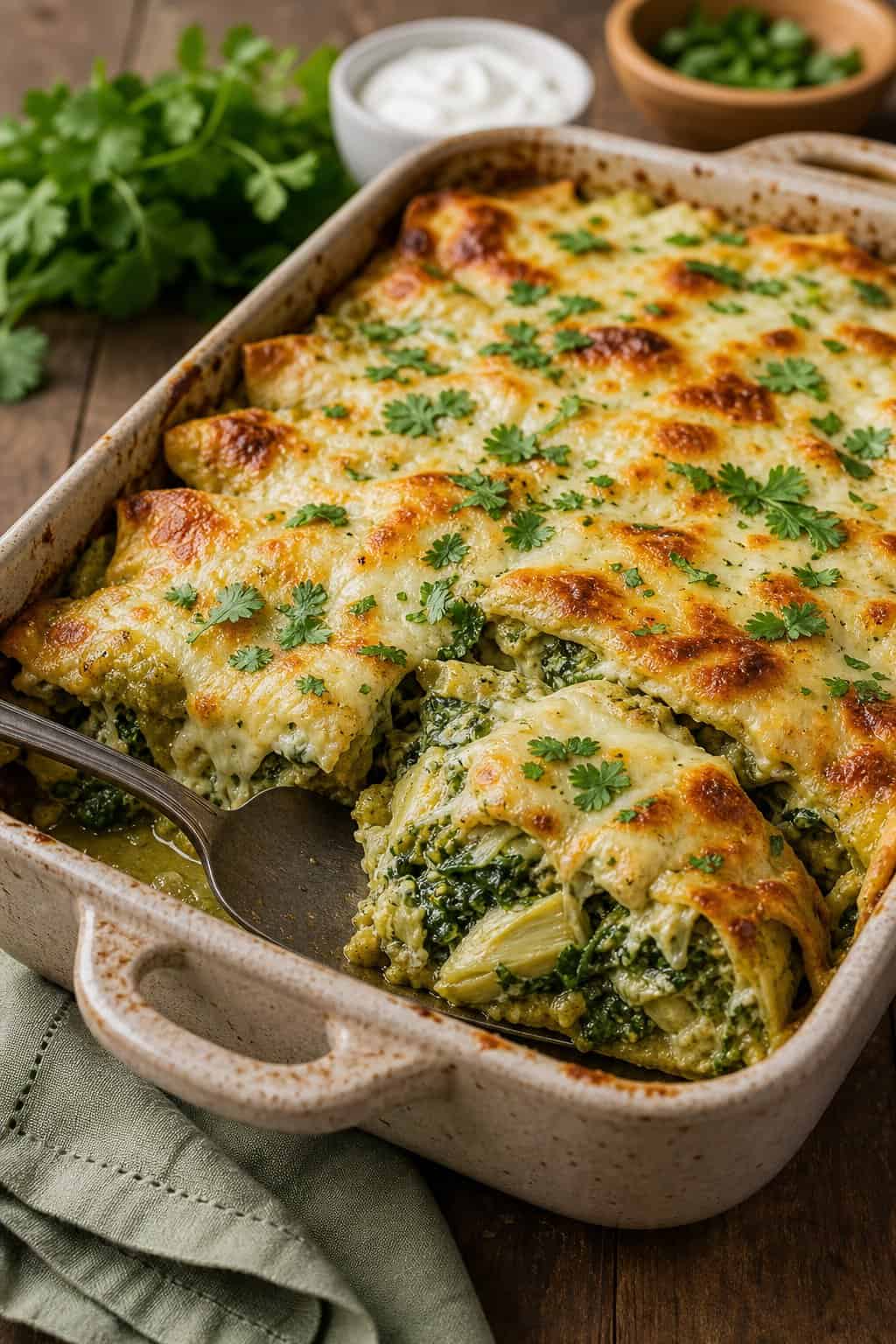 Enchilada Casserole Recipes That Feed a Crowd 17 A spinach-artichoke enchilada casserole in a rectangular baking dish with a browned Monterey Jack cheese top and visible creamy filling at the cut edge, garnished with cilantro and served with a small ramekin of sour cream.