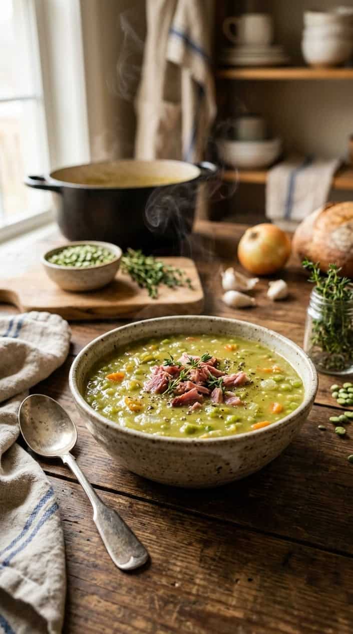 A bowl of green split pea soup with smoked ham hock on a wooden table, surrounded by fresh ingredients.