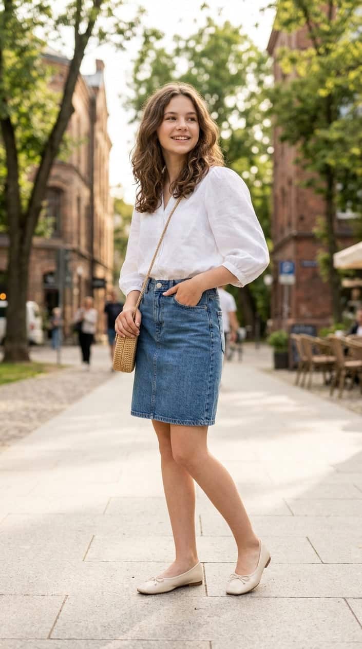Teenage girl standing outdoors wearing square-toe ballet flats and a summer outfit.