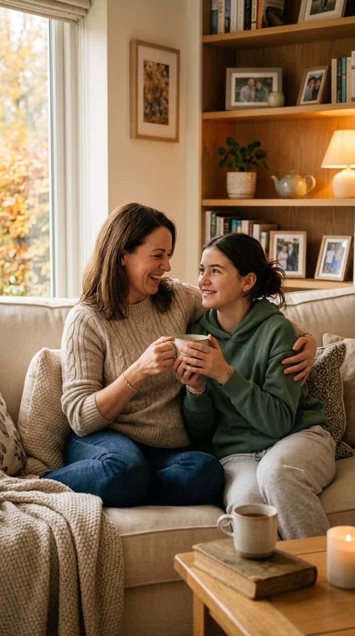 A mother and teenage daughter sitting close together on a sofa in a cozy living room, the daughter leaning slightly into her mom, both relaxed and unhurried.