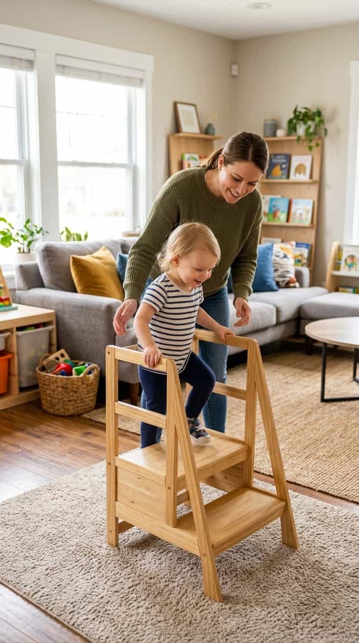 A child climbing a small step-stool stair in a living room while an adult supervises closely.