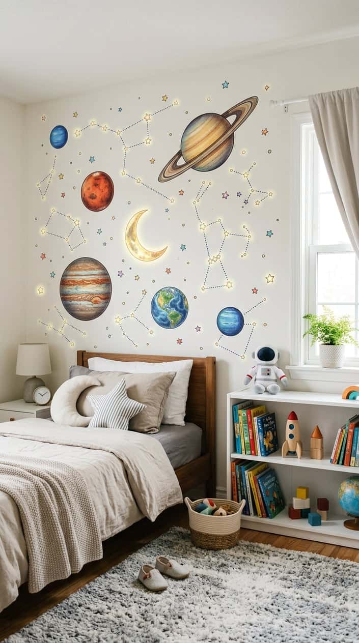 Children's bedroom with a large mural of constellations and planets on the wall, a bed, bookshelf, and soft rug.