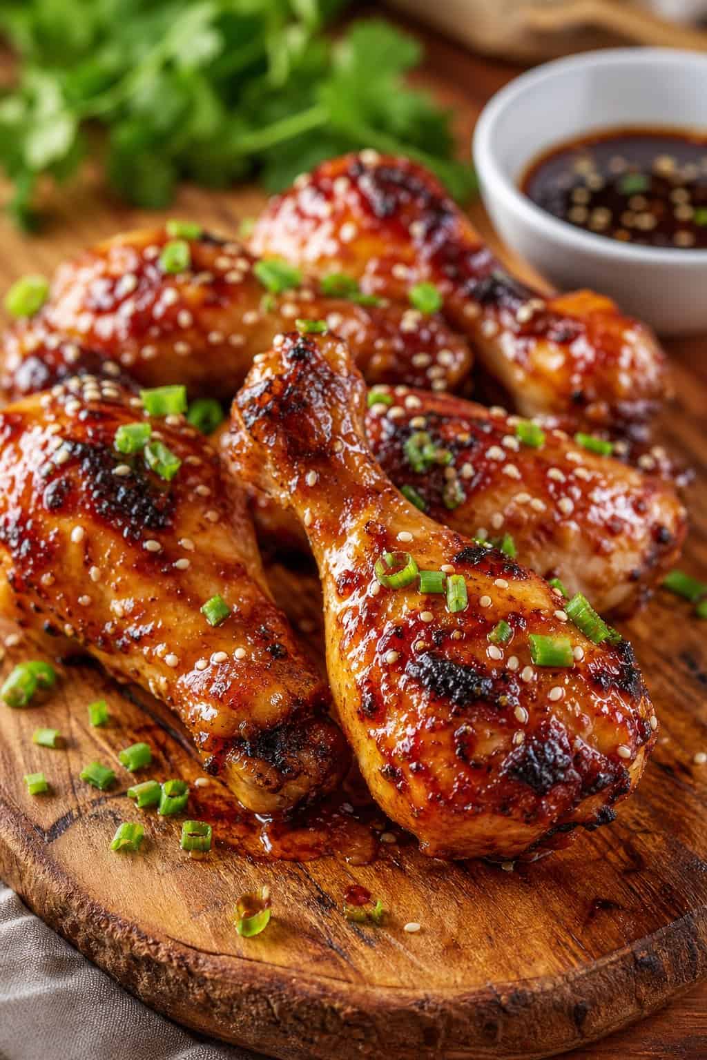 Easy Chicken Leg Recipes for Family Dinners 9 A white plate of sticky baked chicken drumsticks with a dark caramelized maple-soy glaze, topped with thinly sliced green onions and a light sprinkle of sesame seeds.
