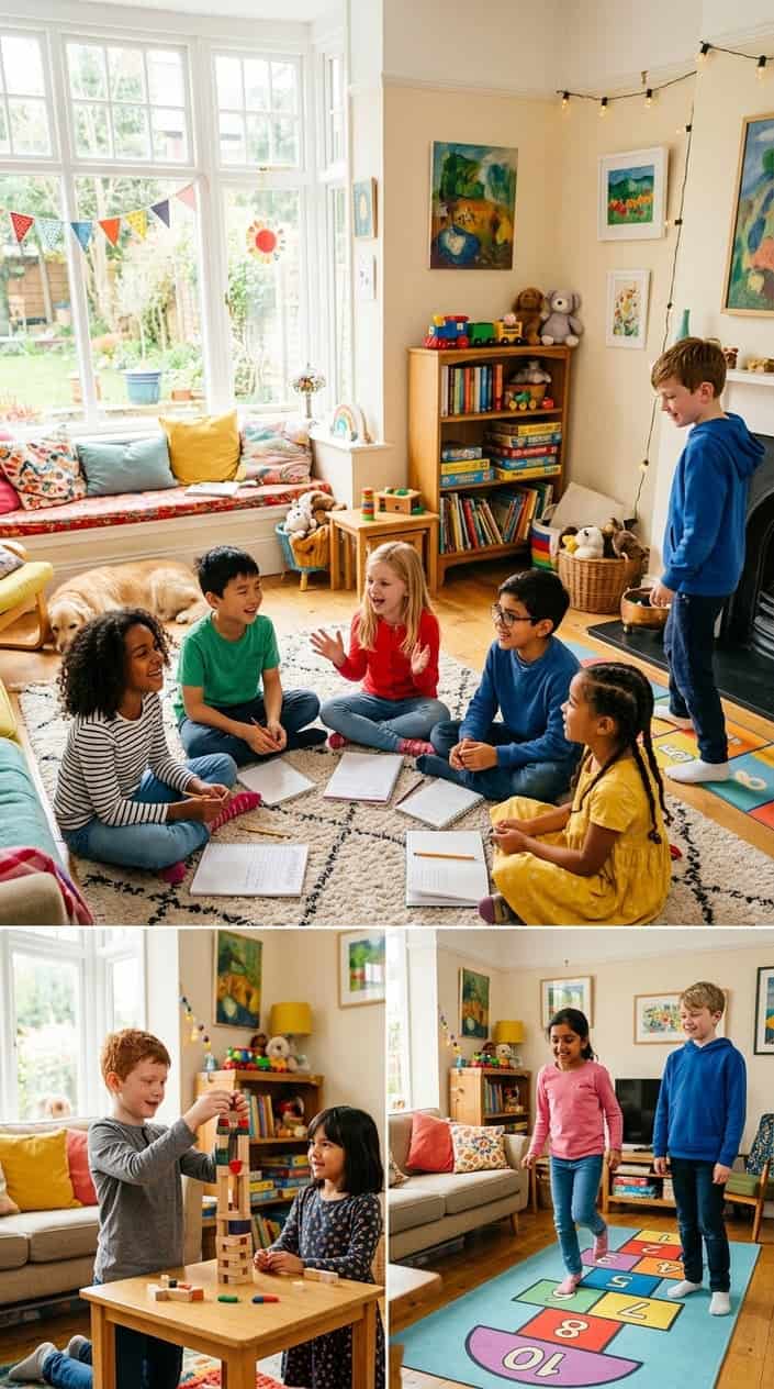 25 Kid Games for When 'I'm Bored' Has Been Said Three Times Before 10 AM 18 A group of children playing and collaborating indoors, adding to a story and enjoying various games together.