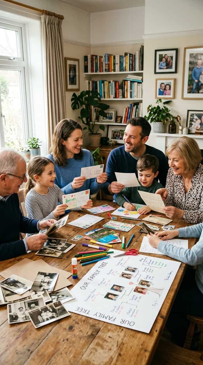 A family gathered around a table exchanging handwritten postcards and looking at a family tree project spread out between them.