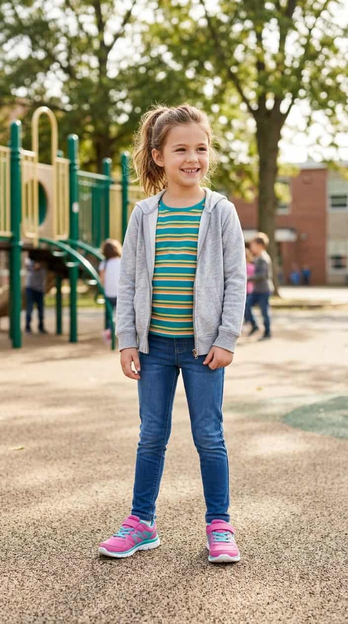15 Basic School Outfit Pieces Every Elementary Schooler Secretly Needs 3 A young girl standing outdoors wearing stretchy jeggings and a casual top, smiling in a school playground setting.